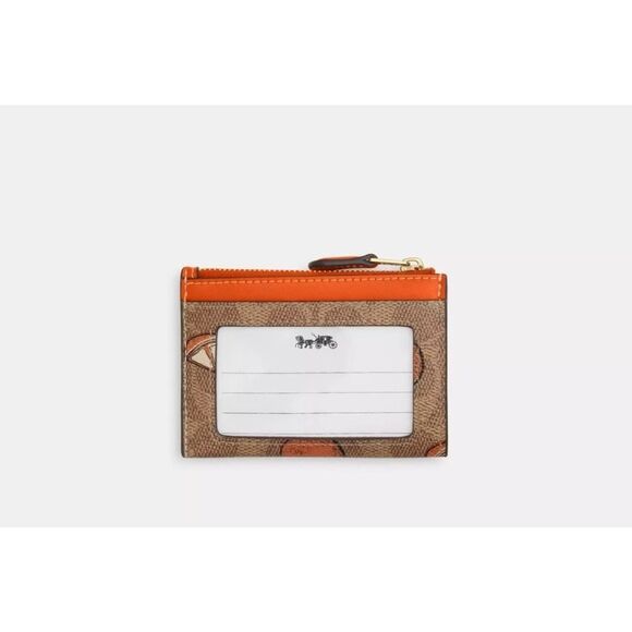 NWT Coach CAR21 Mini Skinny Id Case In Signature Canvas With Orange Print In Tan - Picture 3 of 5